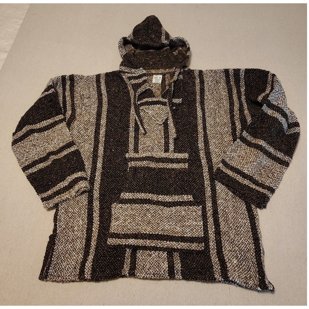 Artesanias Cuamatzi Brown Striped Mexican Baja Hoodie Jerga Pullover Medium